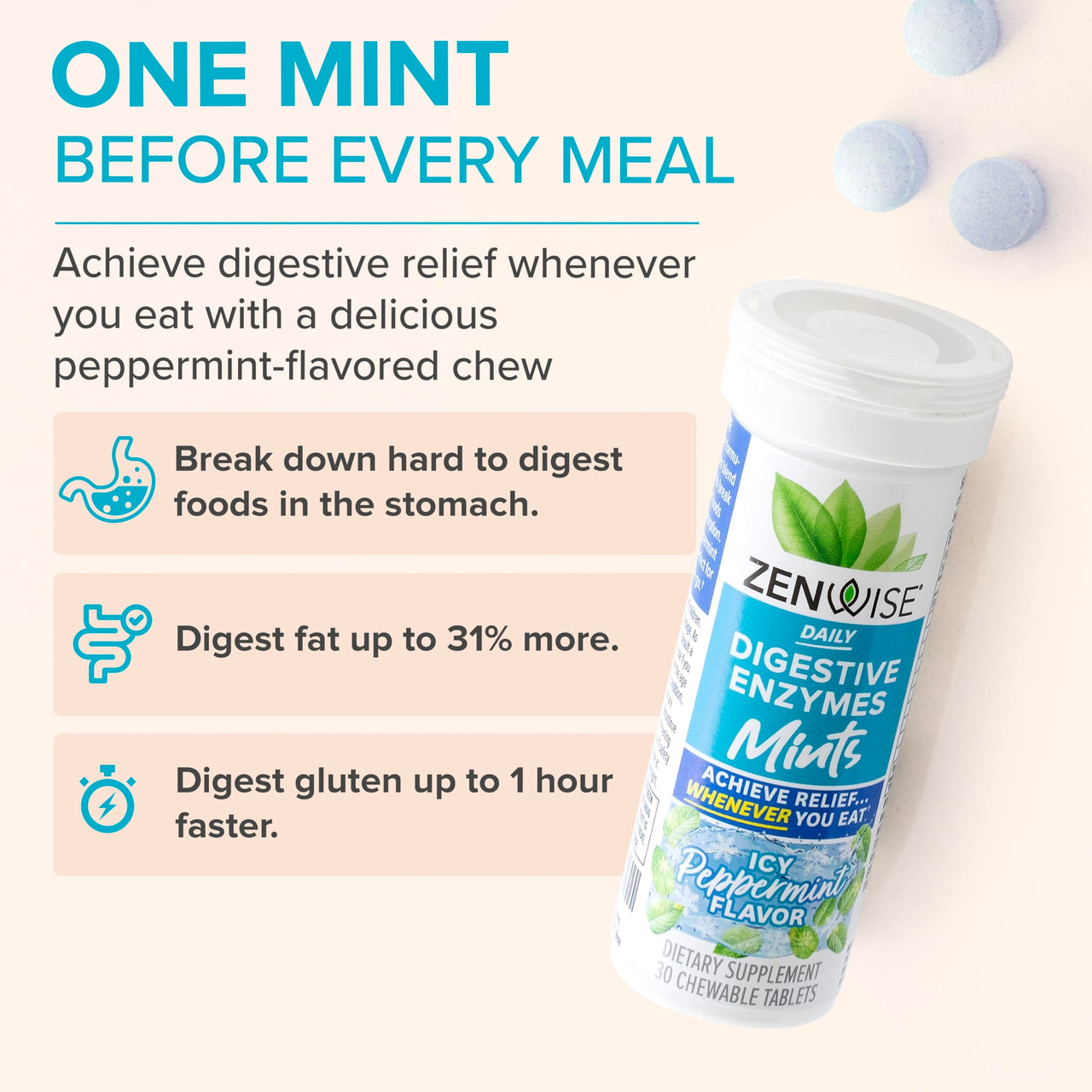 Zenwise Health Digestive Enzyme Breath Mints for Gut Health, ICY Peppermint Flavor - Digestive Enzymes for Bloating Relief & Gut Support - Multi Enzymes Digestion Supplement - 30 Chewable Tablet