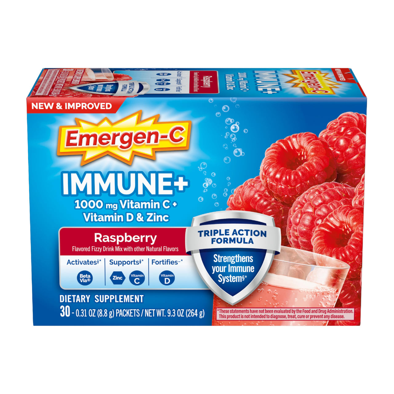 Emergen-C Immune+ Triple Action Immune Support Powder, BetaVia (R), 1000mg Vitamin C, B Vitamins, Vitamin D and Antioxidants, Raspberry – 30 Count