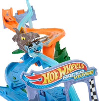 Thumbnail for Hot Wheels Toy Car Track Set, RacerVerse Jurassic World Crash & Splash Playset with Die-Cast Velociraptor Vehicle, Dinosaur Race with Spinosaurus