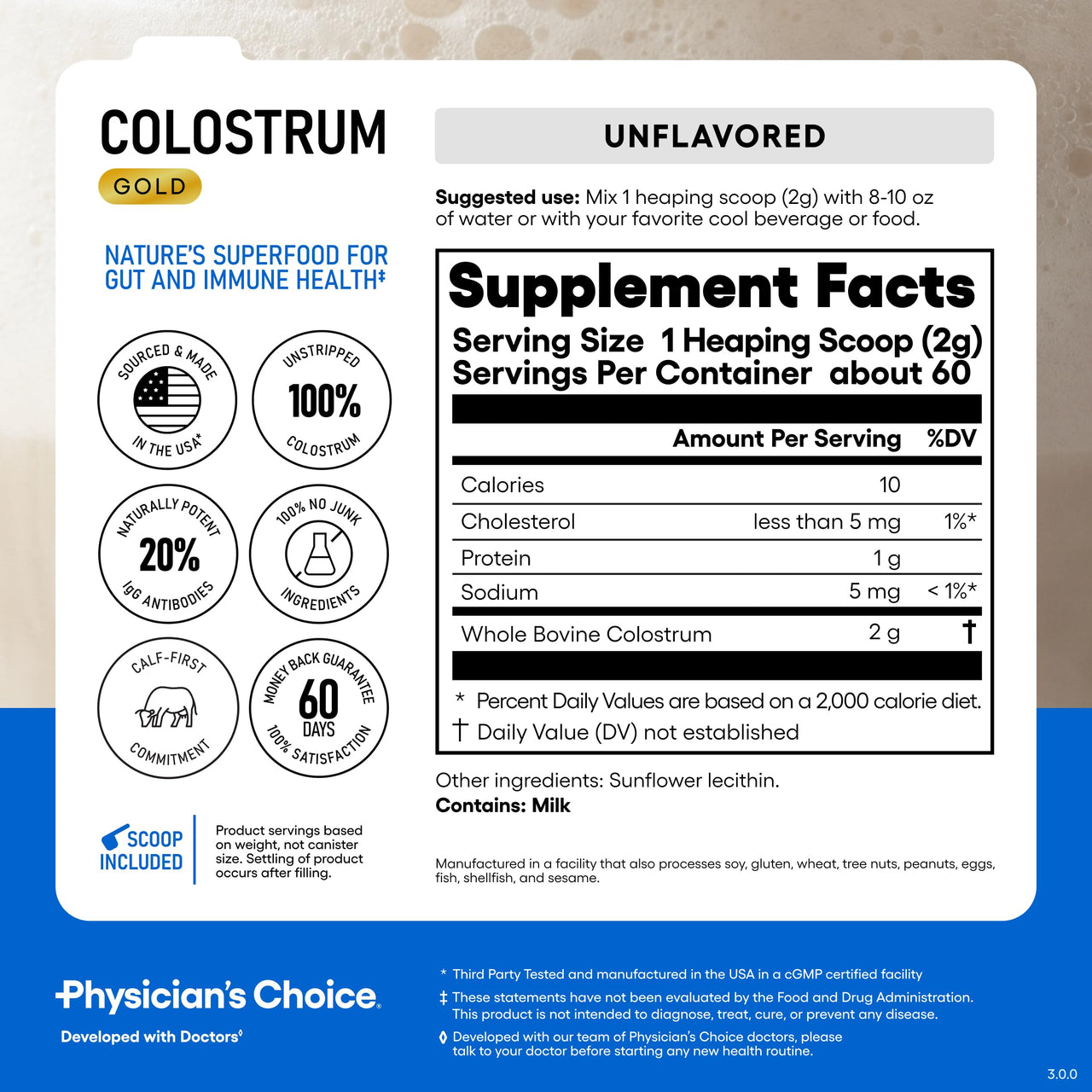 Physician's CHOICE Colostrum Gold Powder - First-Day Milking for Gut & Immune Support - Potent IgG Antibodies & Bioactive Nutrients - Whole & Unstripped - Easy to Mix - Made in the USA - 60 Servings