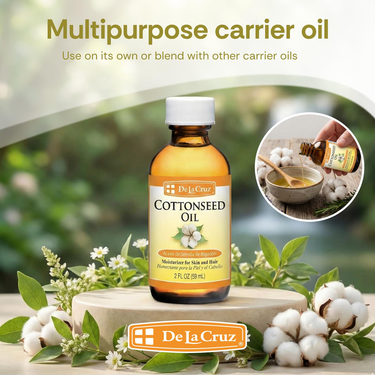 De La Cruz Cottonseed Oil - Moisturizer for Skin and Hair - Multipurpose Carrier Oil - 2 Fl OZ (1 Bottle)