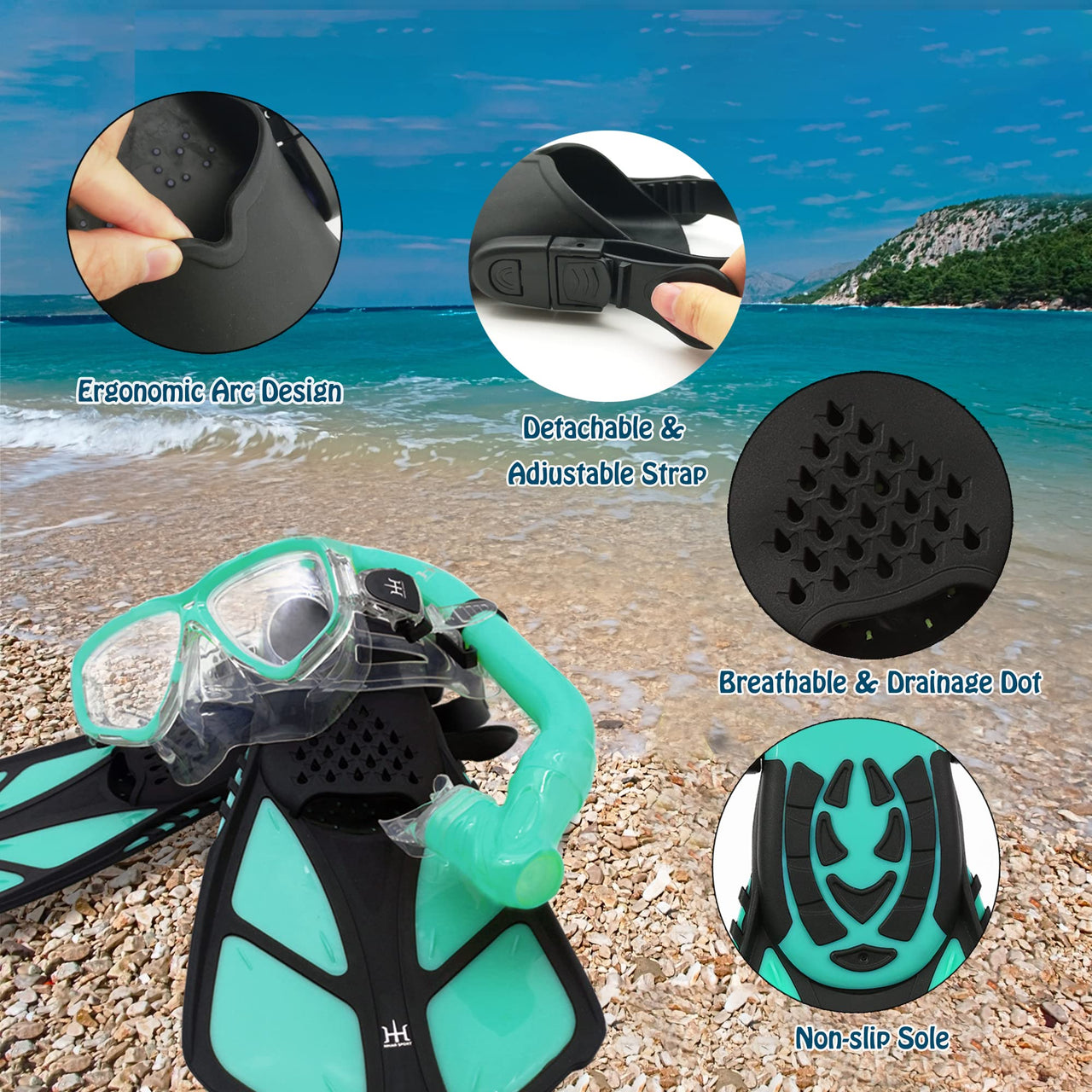 Kids Snorkeling Set with Fins Anti Leak Snorkeling Gear for Kids with Adjustable Flippers, Youth Junior Full Dry Snorkel Set Swimming Goggles with Nose Cover Diving Mask Scuba with Bag, 5-14 Yrs