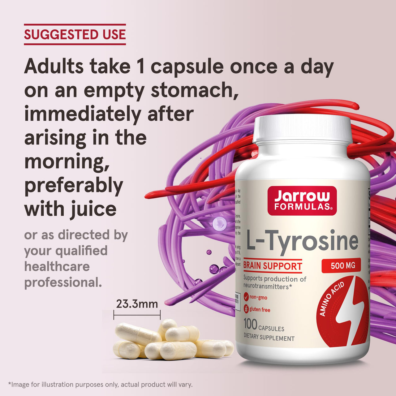 Jarrow Formulas® L-Tyrosine 500 mg, Dietary Supplement, Amino Acid Supplement for Brain Health Support, 100 Capsules, 100 Day Supply