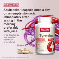 Thumbnail for Jarrow Formulas® L-Tyrosine 500 mg, Dietary Supplement, Amino Acid Supplement for Brain Health Support, 100 Capsules, 100 Day Supply