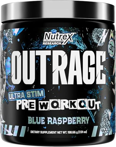 Image 4 of Blue Raspberry / 8 Ounce (Pack of 1) for the product Nutrex Research Outrage Ultra HIGH STIM Pre-Workout Powder for Men