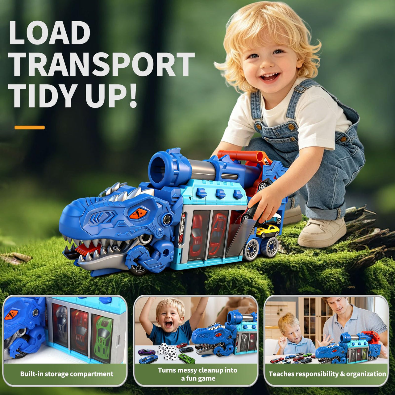 LUCKFUTURE Dinosaur Truck Toy, Blue T-Rex with Launcher - Shoots Cars & Balls, Interactive Tyrannosaurus Play Set with Storage for Kids Ages 3-7
