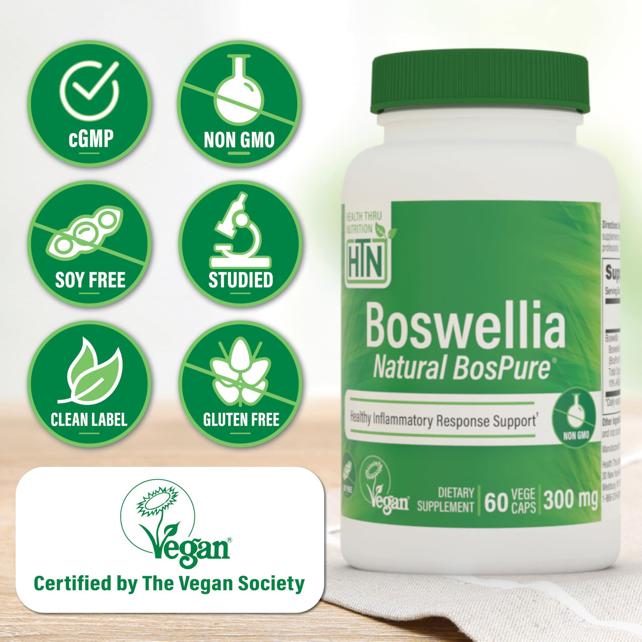 Health Thru Nutrition Boswellia 300mg 60 Capsules as Bospure AKBAMAX | High Potency 75% Boswellic Acids 10% AKBA | Healthy Mobility Support | Vegan Certified | Non-GMO, Gluten Free, Soy Free