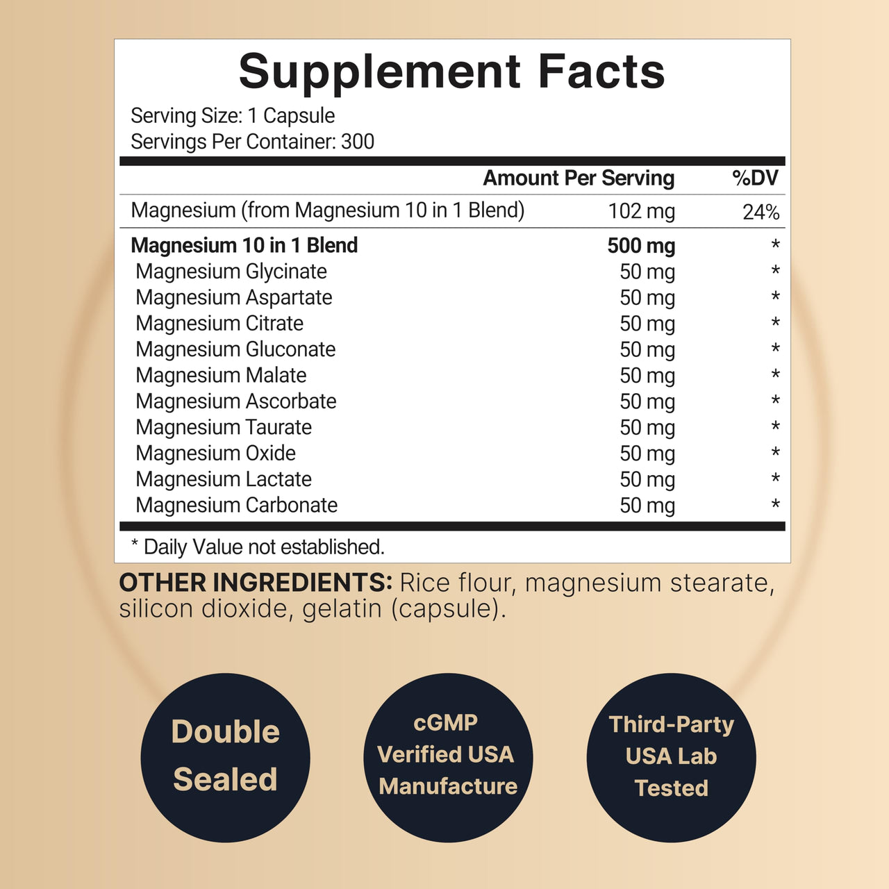 Magnesium Complex 500mg, 300 Capsules | 10-in-1 Magnesium Glycinate, Citrate, Malate & More | Chelated Form for Easy Absorption | Non-GMO