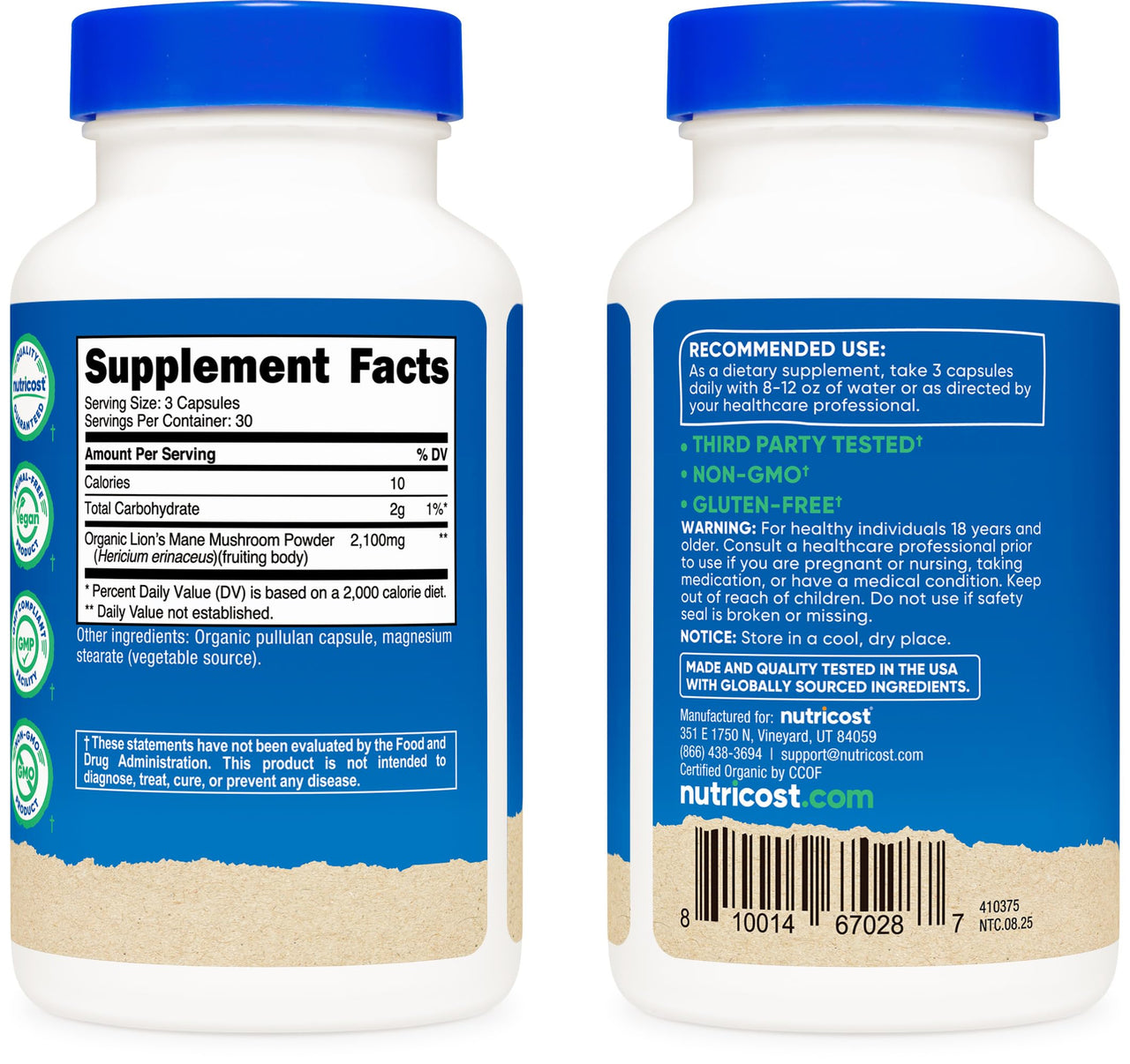 Nutricost Lion's Mane Mushroom Capsules 2100mg, 30 Servings - CCOF Certified Made with Organic, Vegetarian, Gluten Free, 700mg Per Capsule, 90 Capsules