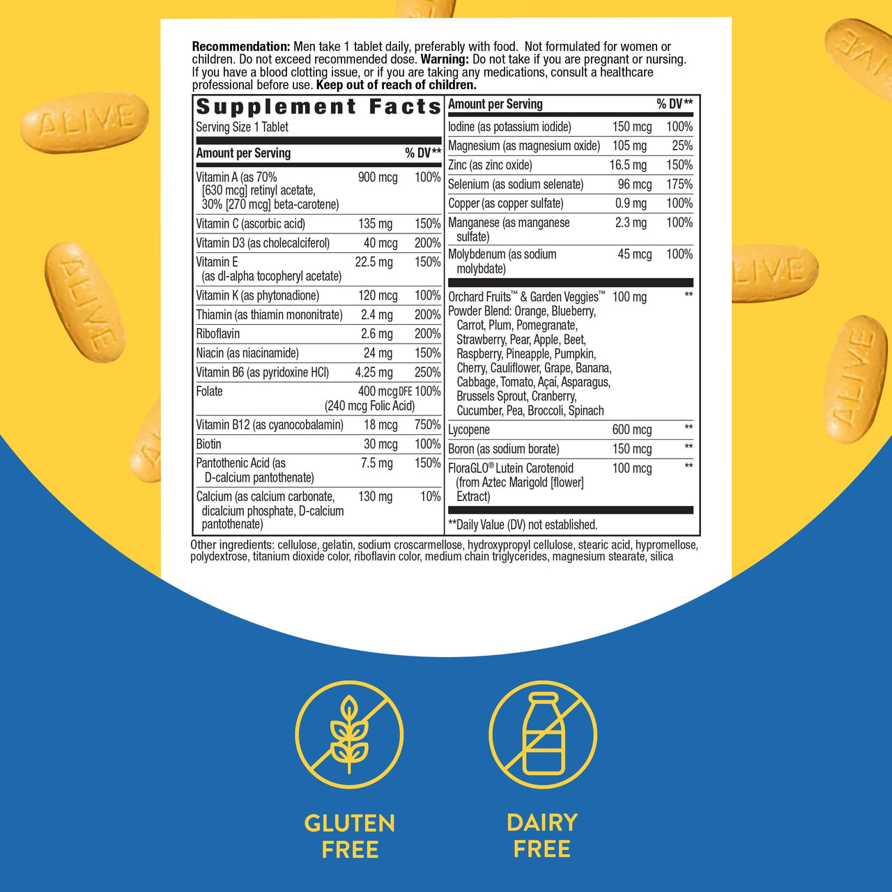 Nature's Way Alive! Men's Complete Daily Multivitamin, Supports Energy Metabolism & Muscle Function*, with B-Vitamins, Gluten Free, 130 Tablets (Packaging May Vary)