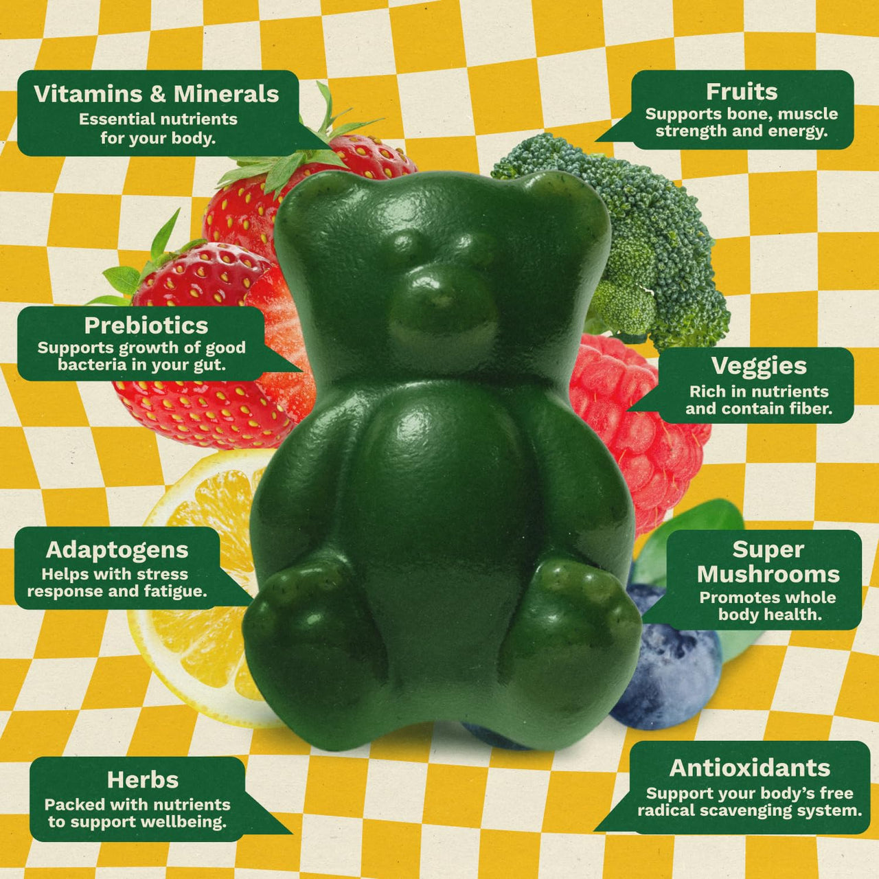 Gruns Multivitamin for Kids, Super Greens Gummies, Superfood Gummy Bears with 20+ Vitamins & Minerals, Spirulina, Chlorella, Alfalfa, Prebiotics Fiber for Digestive Health, Adaptogens Supplement, 28ct