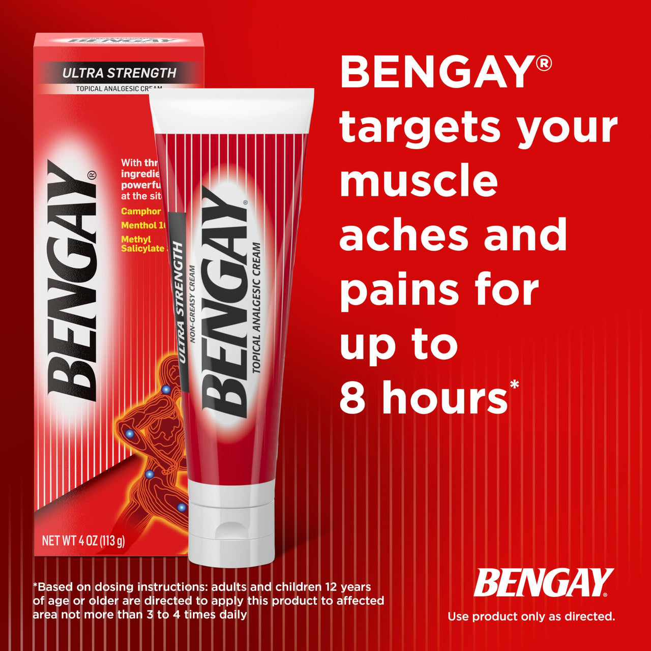 Bengay Ultra Strength Topical Pain Relief Cream, Non-Greasy Topical Analgesic for Minor Arthritis, Muscle, Joint and Back Pain, Camphor, Menthol and Methyl Salicylate, 4 OZ