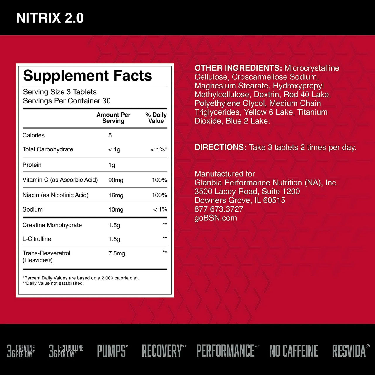 BSN NITRIX 2.0, Workout Supplement, Nitric Oxide Precursors, 3g Creatine, 3g L Citrulline, L-Citrulline, Supports Workout Performance, Pumps, Muscle Recovery and Endurance, 90 Tablets, 30 Servings