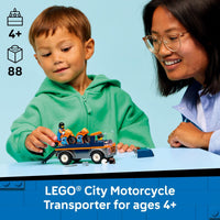 Thumbnail for LEGO City Motorcycle Transporter Building Toy for Boys & Girls - Pretend Play Set for Preschool Kids, Ages 4+ - Flatbed Truck Toy W/2 Toy Motorcycles & 2 Minifigures - Gift Idea for Birthdays - 60491