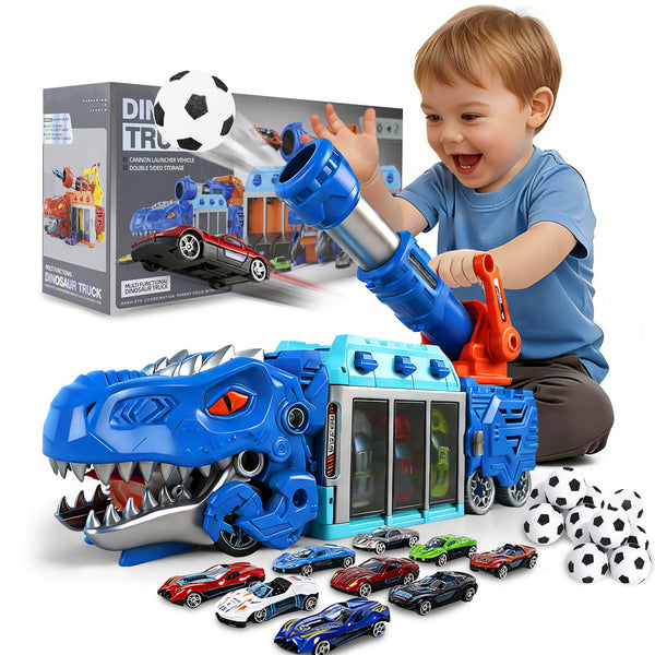 BYFWH Tyrannosaurus Rex Truck Toy, Ejection Shooting with 10 Cars & Storage Sturdy Non-Toxic Materials, Foldable Car Carrier, 10 Cars & 12 Soft Balls, Develops Motor Skills & Hand-Eye Coordination