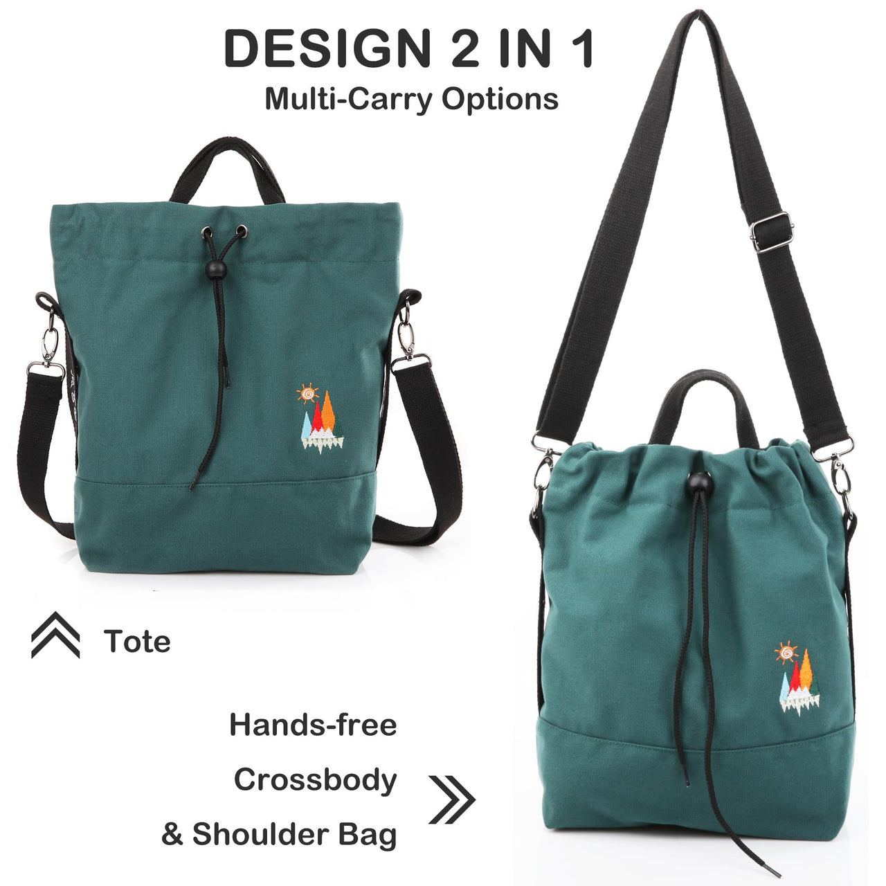 Togood Women's Casual Canvas Tote Handbag with Sunshine Embroidery, Blackish Green, Medium