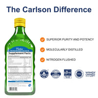 Thumbnail for Carlson - Cod Liver Oil 1100 mg Omega-3s Plus Vitamins A & D3, Wild Caught Norwegian Arctic, Sustainably Sourced Nordic Fish Oil Liquid, Lemon, 500 mL (16.9 Fl Oz)
