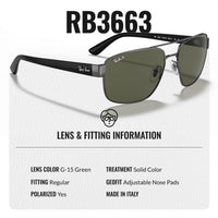 Thumbnail for Ray-Ban RB3663 POLARIZED Square-Round Shaped Sunglasses for Men & Women – Includes Official Rayban Eyewear Kit – Ideal Formal & Casual Wear Sunglasses – G-15 Green Lens