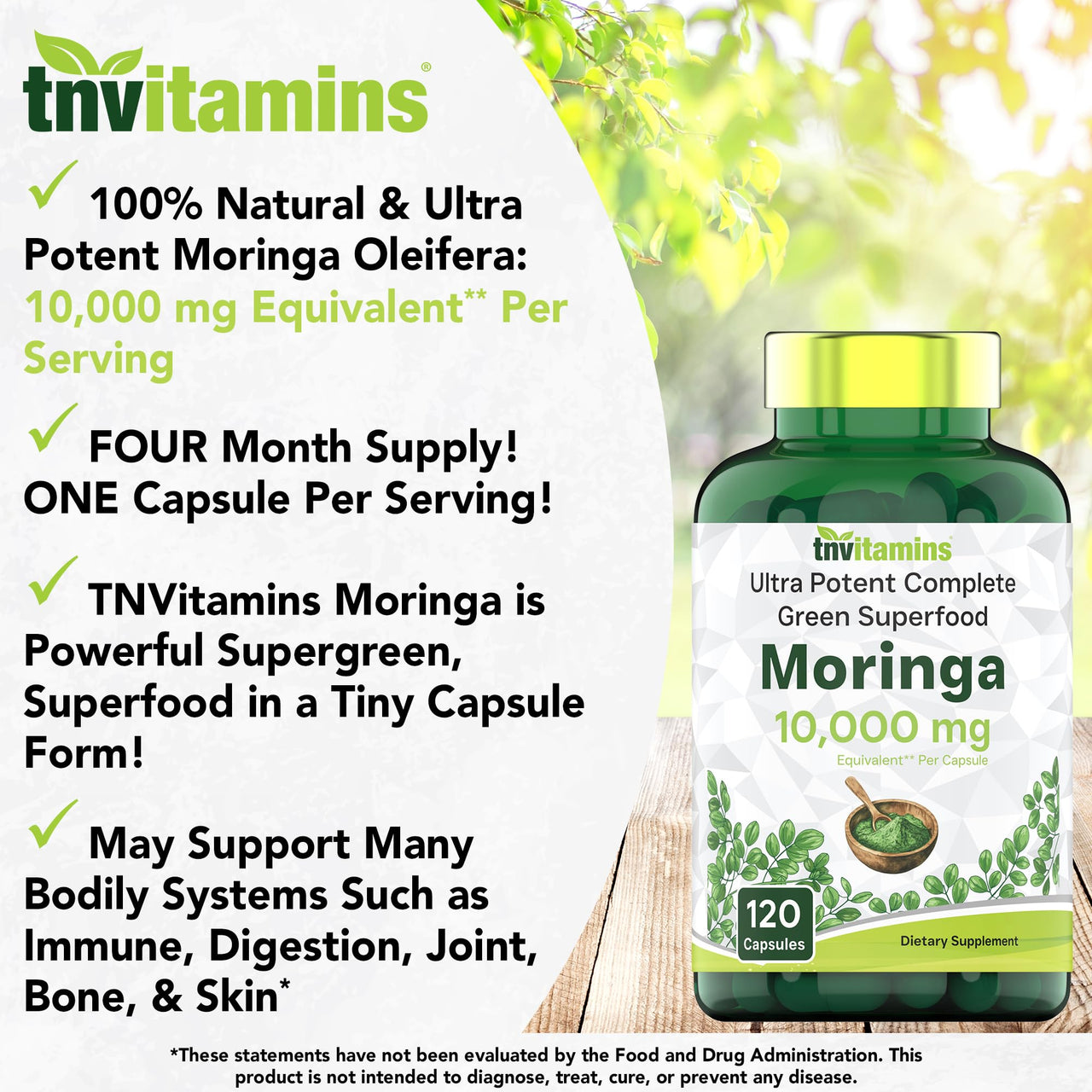 tnvitamins Moringa Capsules 10,000 mg - 120 Capsules | High Potency Moringa Leaf Extract Superfood Supplement for Energy, Vitality & Antioxidant Support