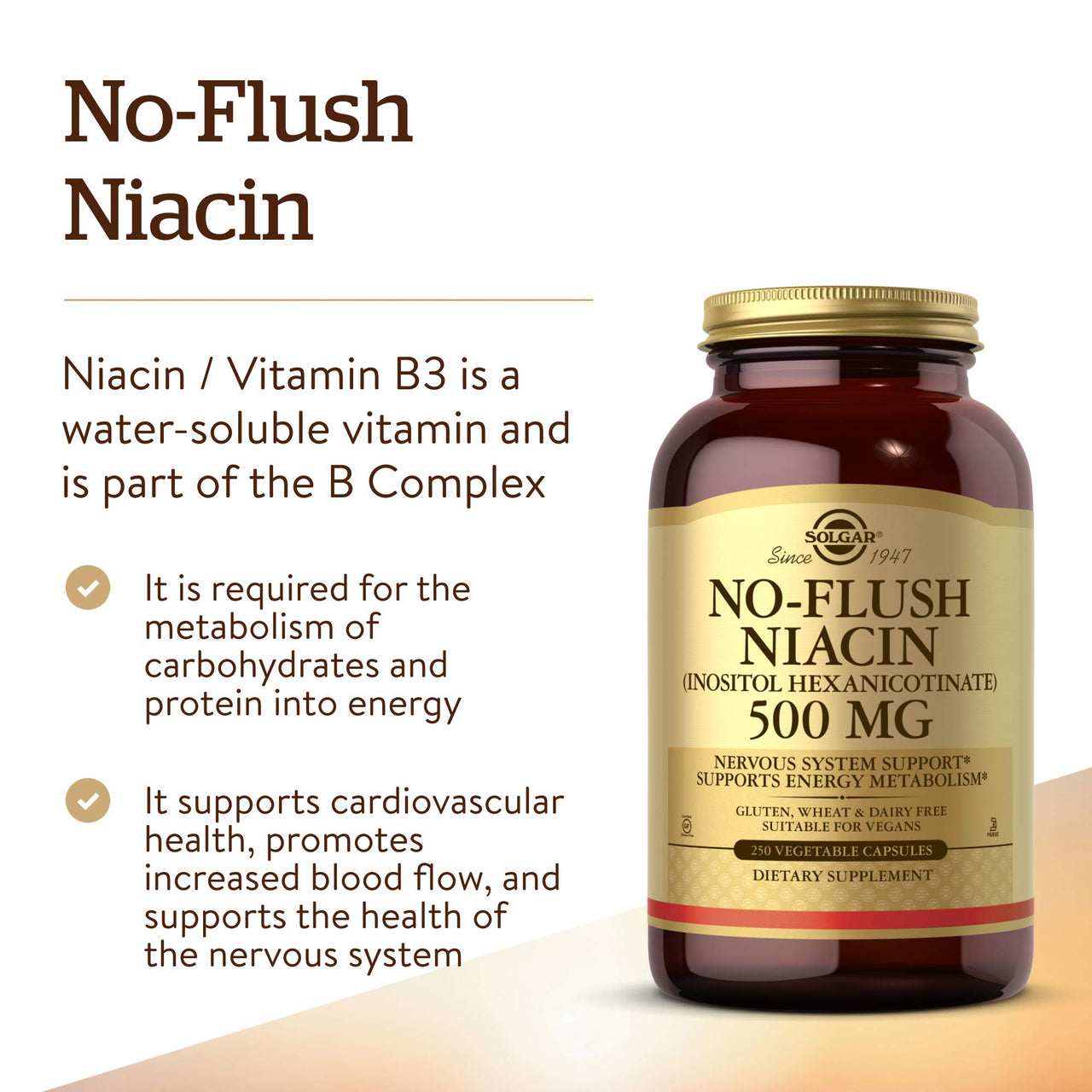Solgar No-Flush Niacin 500 mg, 250 Vegetable Capsules - Supports Energy Metabolism - No-Flush Delivery - Vegan, Gluten Free, Dairy Free, Kosher - 250 Servings