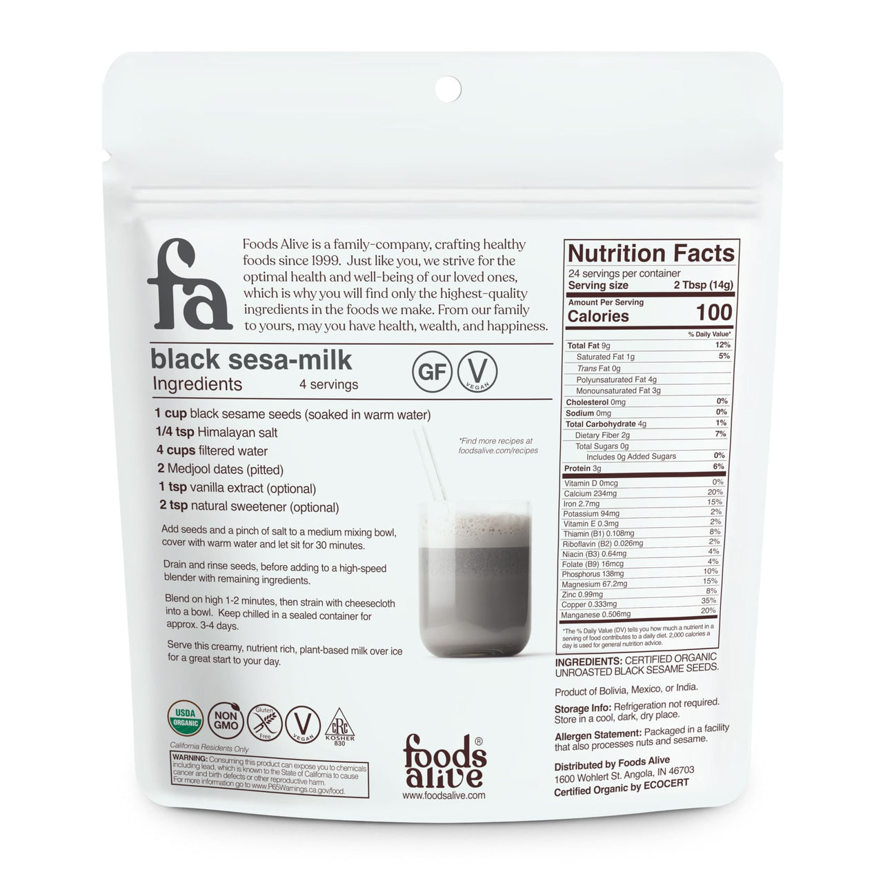Foods Alive | Organic Black Sesame Seeds | 12 oz