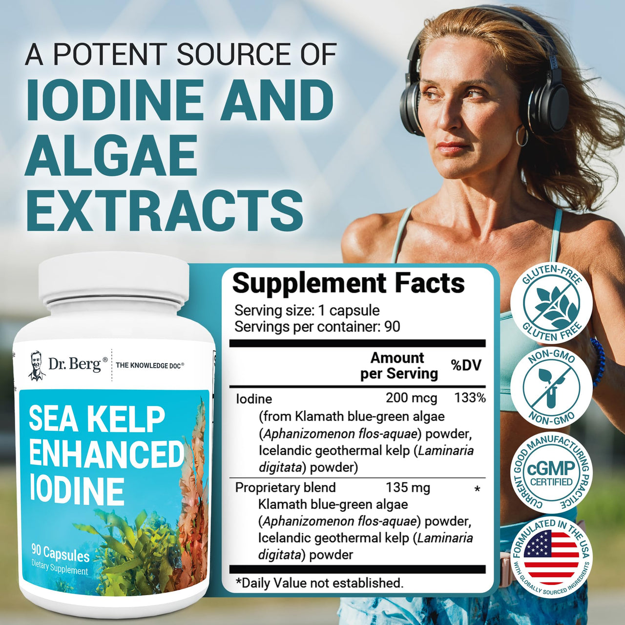 Dr. Berg Sea Kelp Enhanced Iodine - 200 mcg of Premium Iodine - Seaweed Blend Includes Klamath Blue-Green Algae & Sea Kelp - 90 Capsules