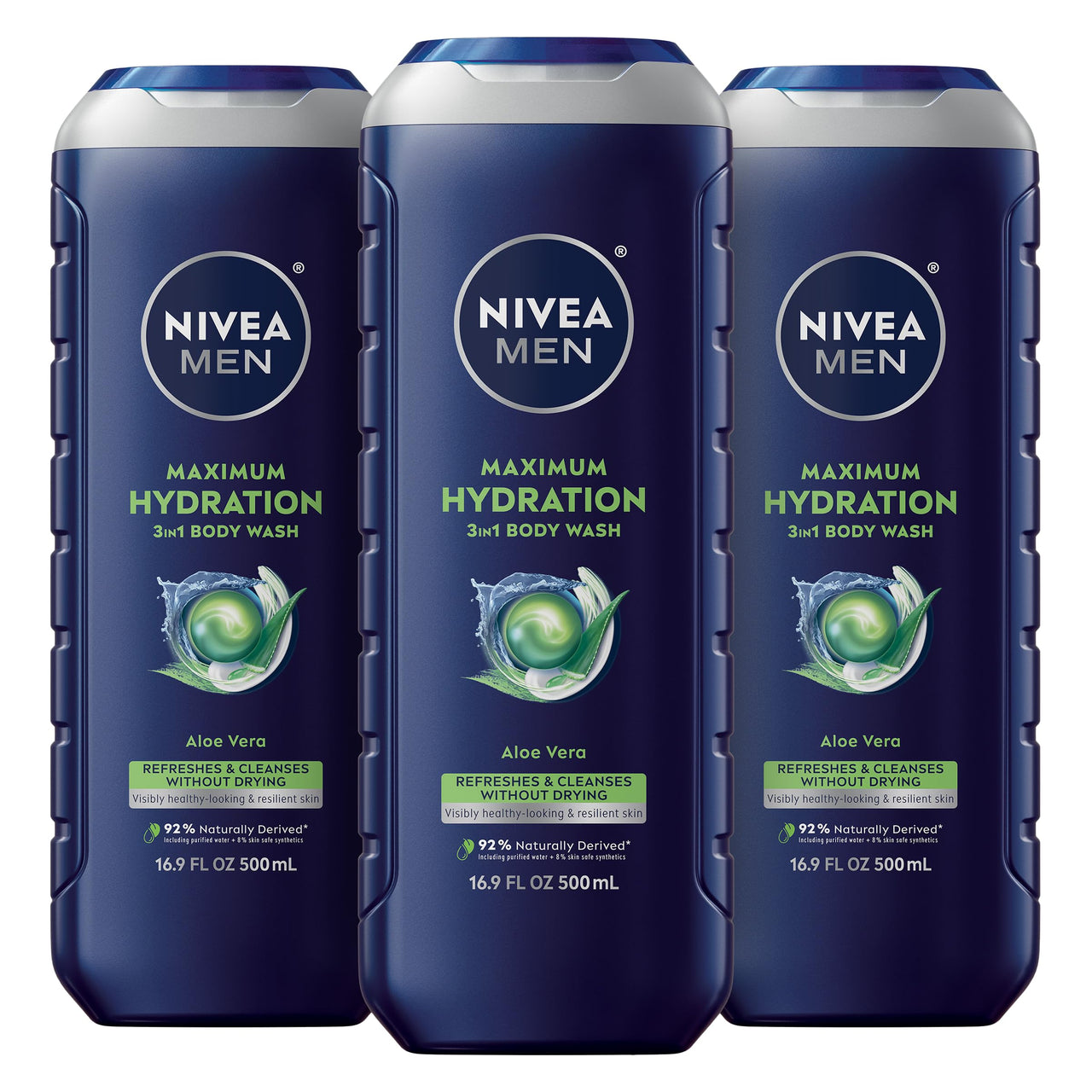 NIVEA MEN Maximum Hydration Body Wash for Dry Skin, Aloe Vera Enriched, 3-in-1 Moisturizing Body Wash, Face and Hair, Paraben Free, Vegan Formula, 16.9 Fl Oz Bottle, Pack of 3