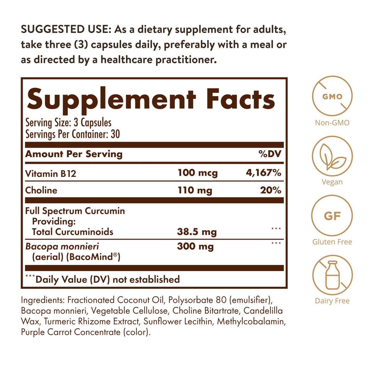 Solgar Full Spectrum Curcumin Brain Works, 90 Licaps - Support Memory Recall, Focus, Cognitive Function - Antioxidant Support - Curcumin, BacoMind, Choline, Vitamin B12 - Non-GMO, Vegan - 30 Servings