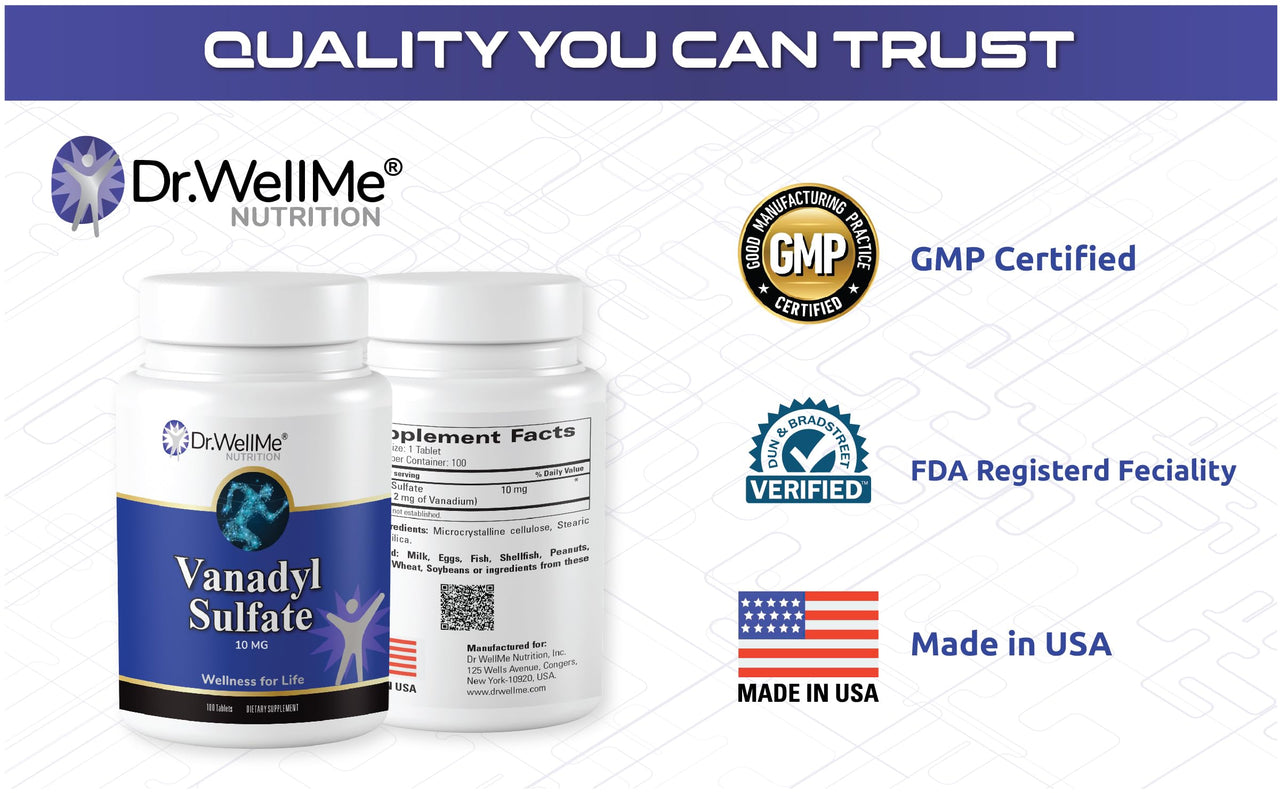 Dr. WellMe Vanadyl Sulfate 10mg â€“ 100 Tablets Blood Sugar, Maintain Glucose & Metabolism â€“ Non-GMO, Gluten-Free Supplement for Men & Women