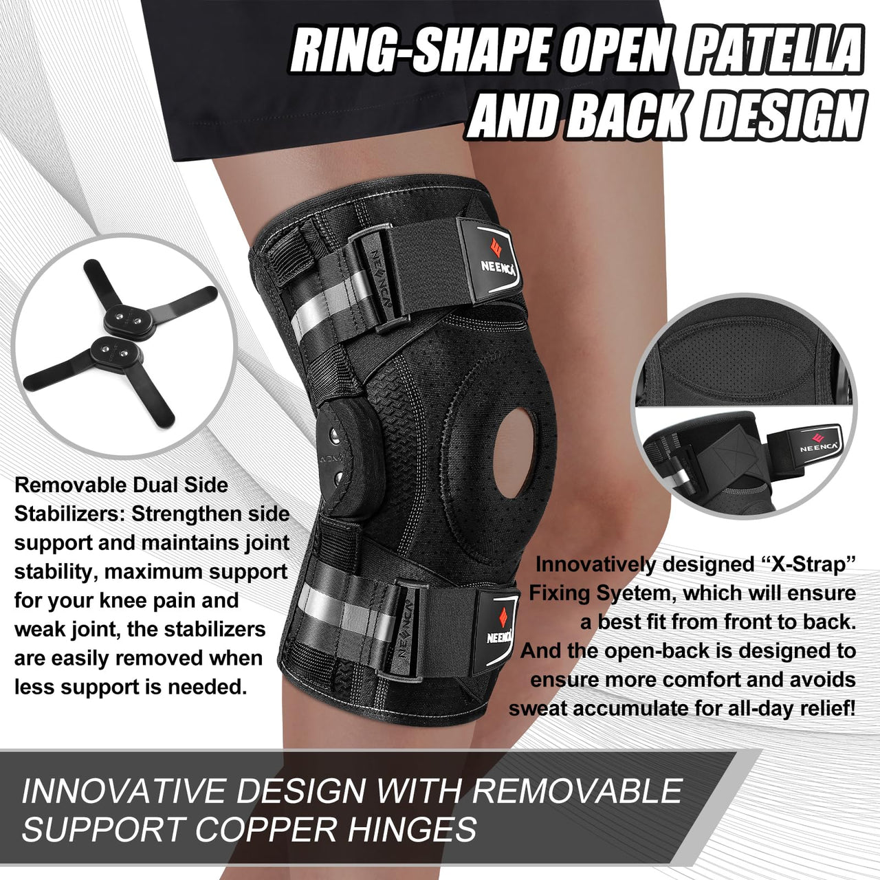 NEENCA Professional Knee Brace X-Large for Knee Pain, Hinged Knee Support with Patented X-Strap Fixing System, Strong Stability for Pain Relief, Arthritis, Meniscus Tear, ACL, PCL, MCL, Runner, Sport, Workout