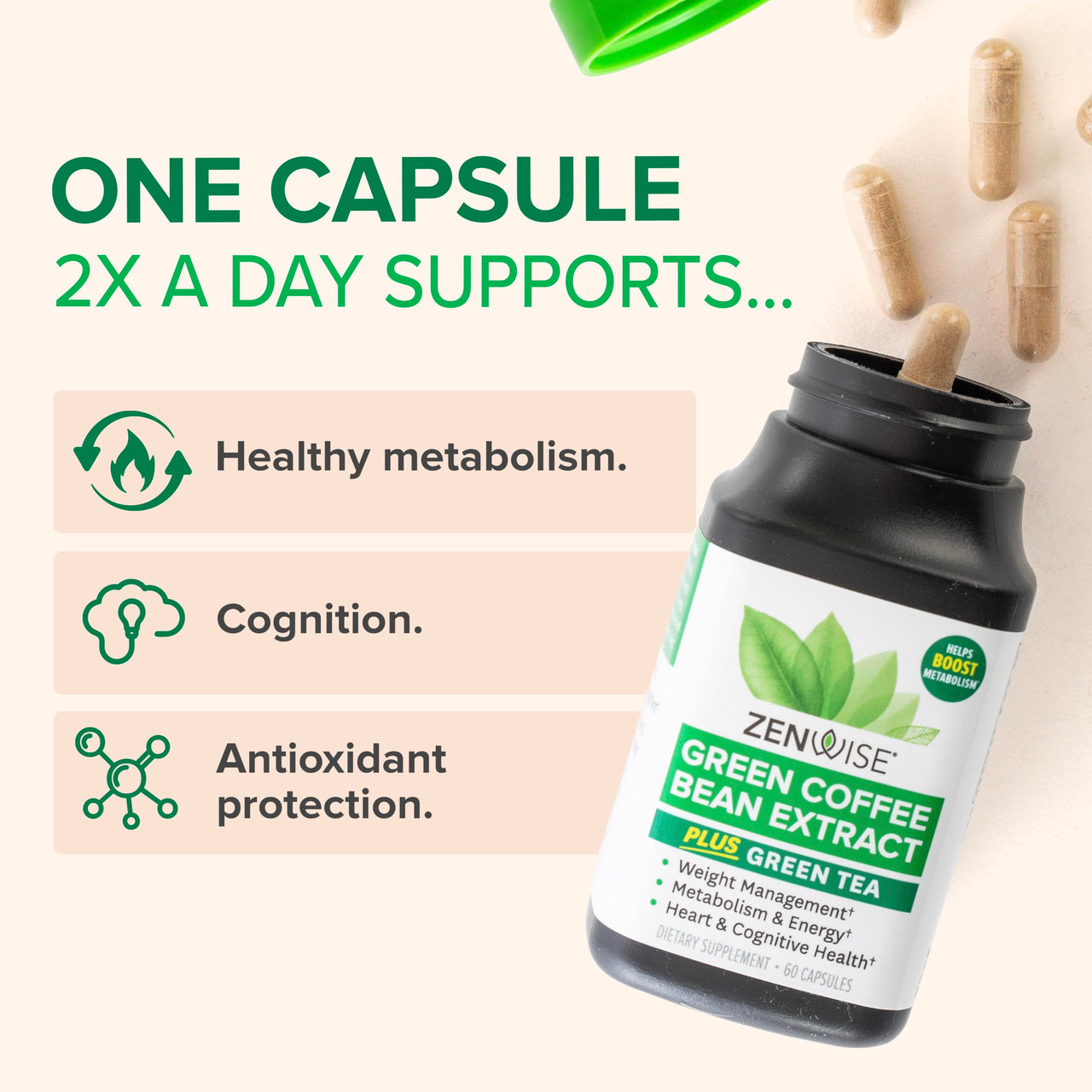 Zenwise Health EGCG Green Tea Extract Capsules with Coffee Bean Extract - 50% EGCG + 98% Polyphenols Supplement - Green Tea Pills for Skin and Heart Support + Brain Health and Memory Boost - 60 Count