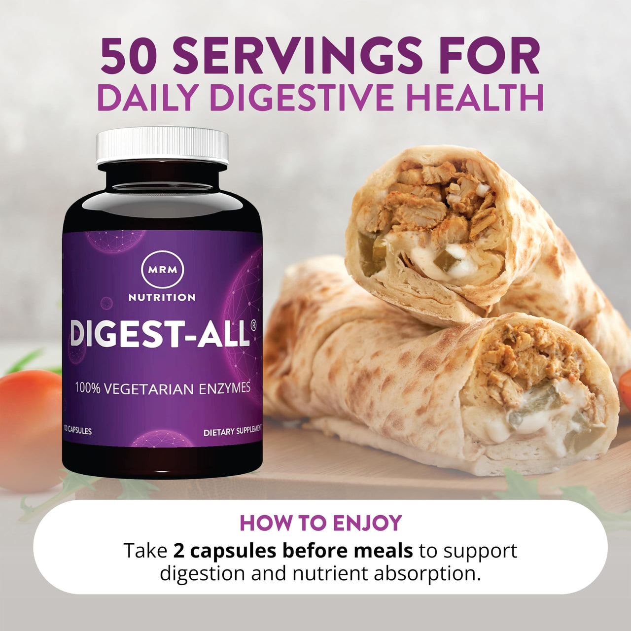 MRM Nutrition Digest-All Digestive Enzymes - Digestion and Absorption Support for Women & Men, Contains Enzymes and Herbs to Support Digestion, 100% Vegetarian & Gluten-Free - 50 Servings