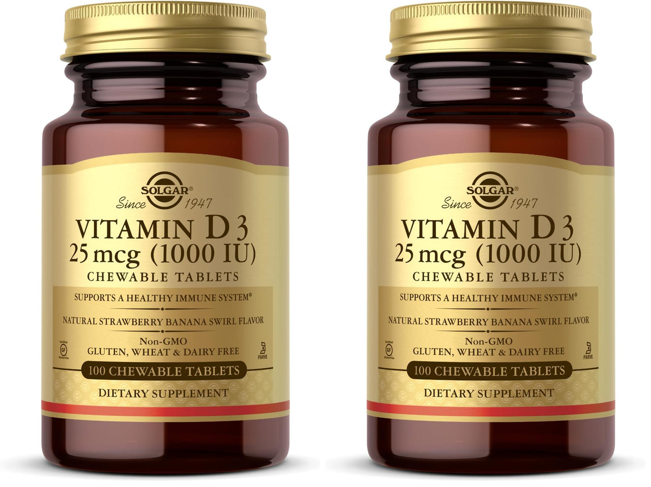 Solgar Vitamin D3 (Cholecalciferol) 25 mcg (1000 IU), Natural Strawberry Banana Swirl - 100 Chewable Tablets - Non-GMO, Kosher - 100 Servings (Pack of 2)