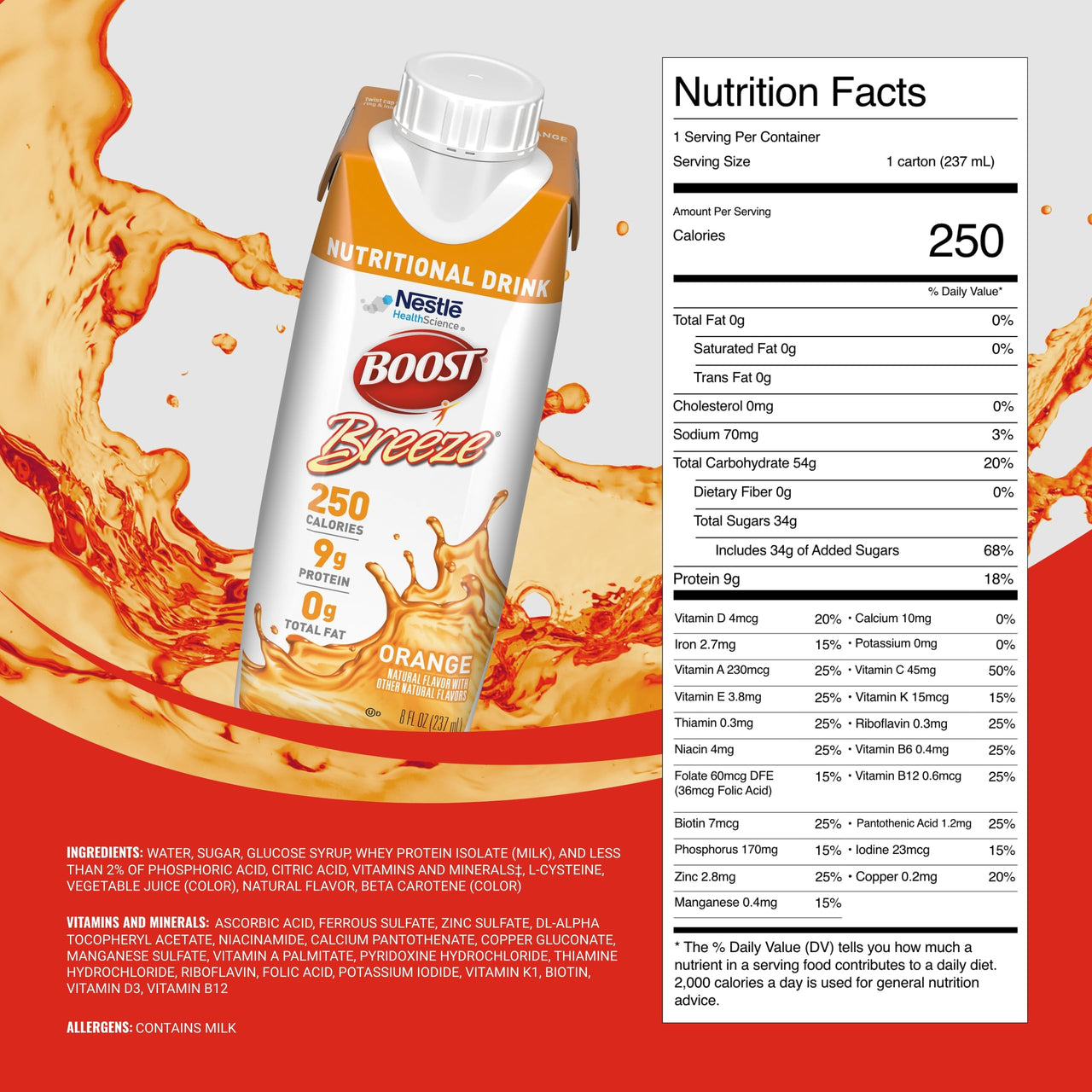 BOOST Breeze Clear Nutritional Drink - 250 Calories - 19 Vitamins & Minerals - 9 g Protein – Fortified Clear with Vitamin A & Zinc - Orange Flavor - 8 fl oz (Pack of 24)