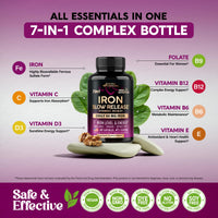 Thumbnail for Iron Supplement for Women - Iron 65mg (Ferrous Sulfate 325mg) - Stomach Friendly | Slow Release Iron | High Absorption - Vitamins C, D3, B6, B12 & Folate - Iron Level & Energy Support - 60 Capsules