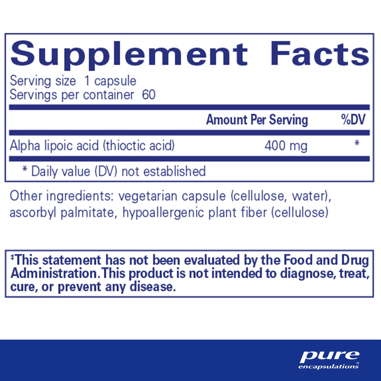 Pure Encapsulations Alpha Lipoic Acid 400 mg | ALA Supplement for Liver Support, Antioxidants, Nerve and Cardiovascular Health, Free Radicals, and Carbohydrate Support* | 60 Capsules