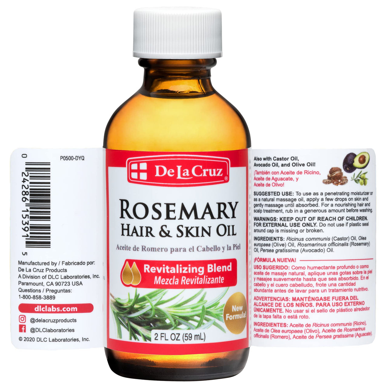 De La Cruz Rosemary Oil Blend Moisturizer 2 fl oz + 8 fl oz Bundle with Castor, Avocado, & Olive - Rosemary Oil for Hair and Skin – Topical Use Only