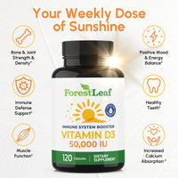 Thumbnail for ForestLeaf Vitamin D3 50,000 IU | VIT D - Kosher VIT D3 Vitamin D Supplement for Women and Men | Bone Health, Teeth, Immune Support | Weekly Dose, 2-Year Supply, 120 Caps