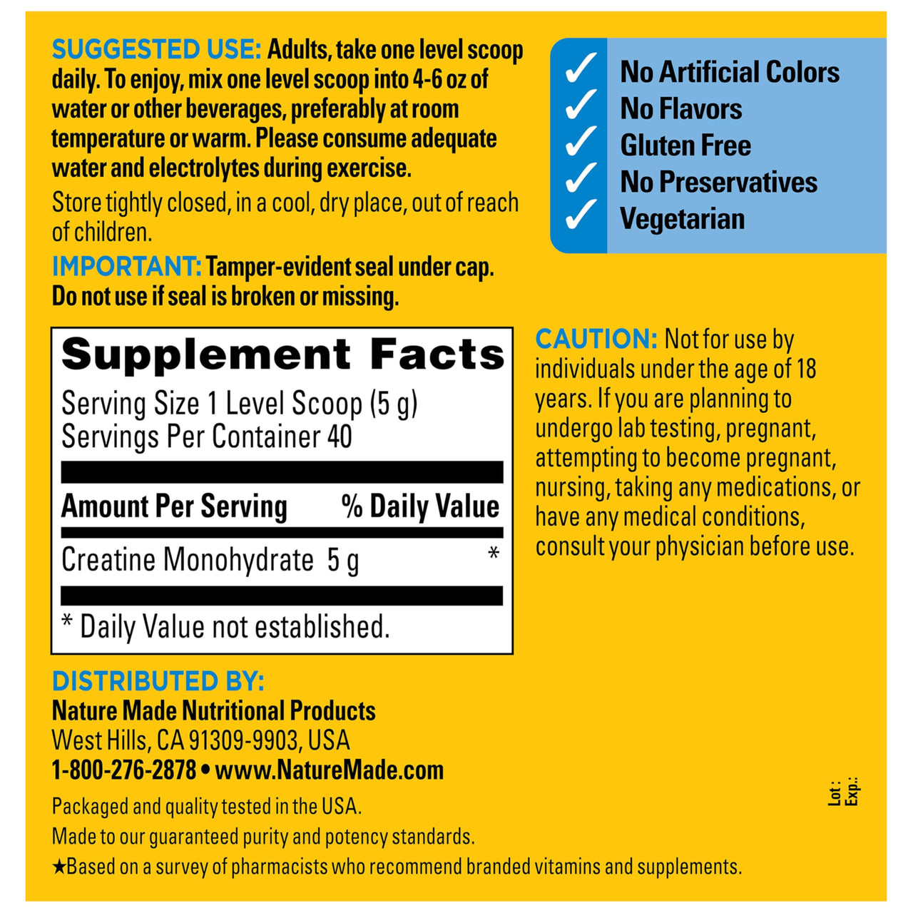 Nature Made Micronized Creatine Monohydrate Powder 5 g per Serving, Unflavored Drink Mix Powder, Muscle Support, 200 g, 40 Day Supply