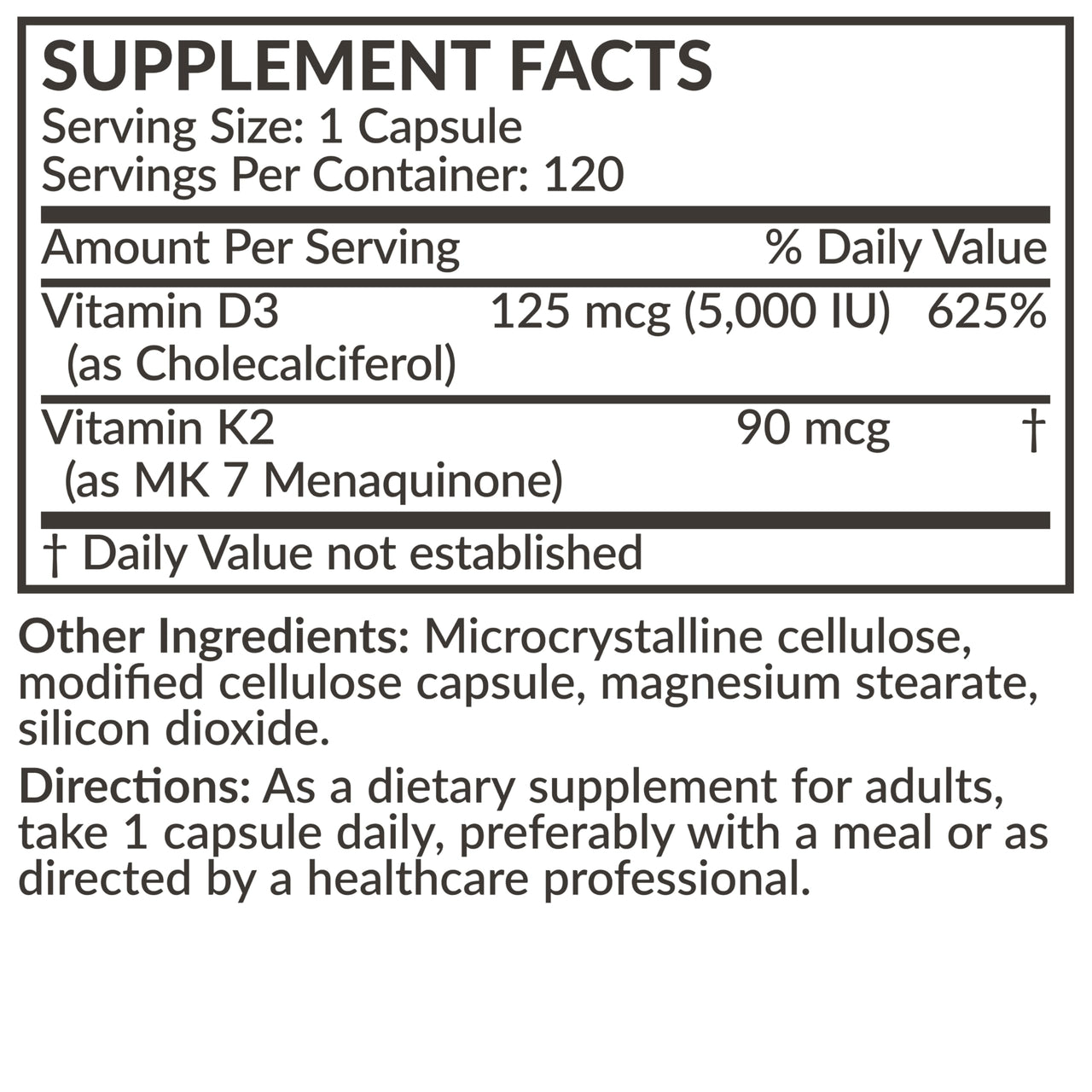 Futurebiotics Vitamin K2 (MK7) with D3 Supplement - Non-GMO Formula - 5000 IU Vitamin D3 & 90 mcg Vitamin K2 MK-7, 120 Vegetarian Capsules