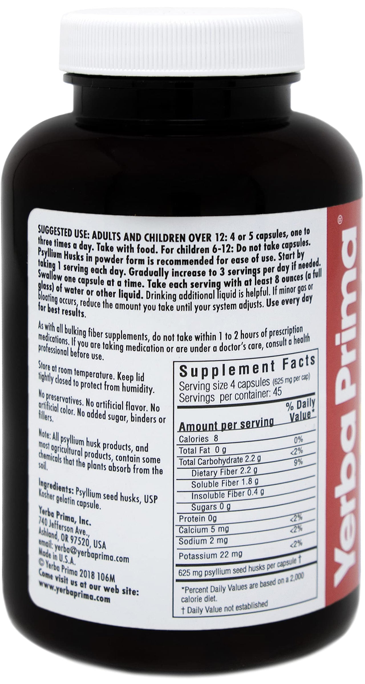 Yerba Prima Psyllium Husks Caps Dietary Fiber 625 mg, 180 Capsules - Colon Cleansing Supplement - Gut Health - Non-GMO Gluten Free