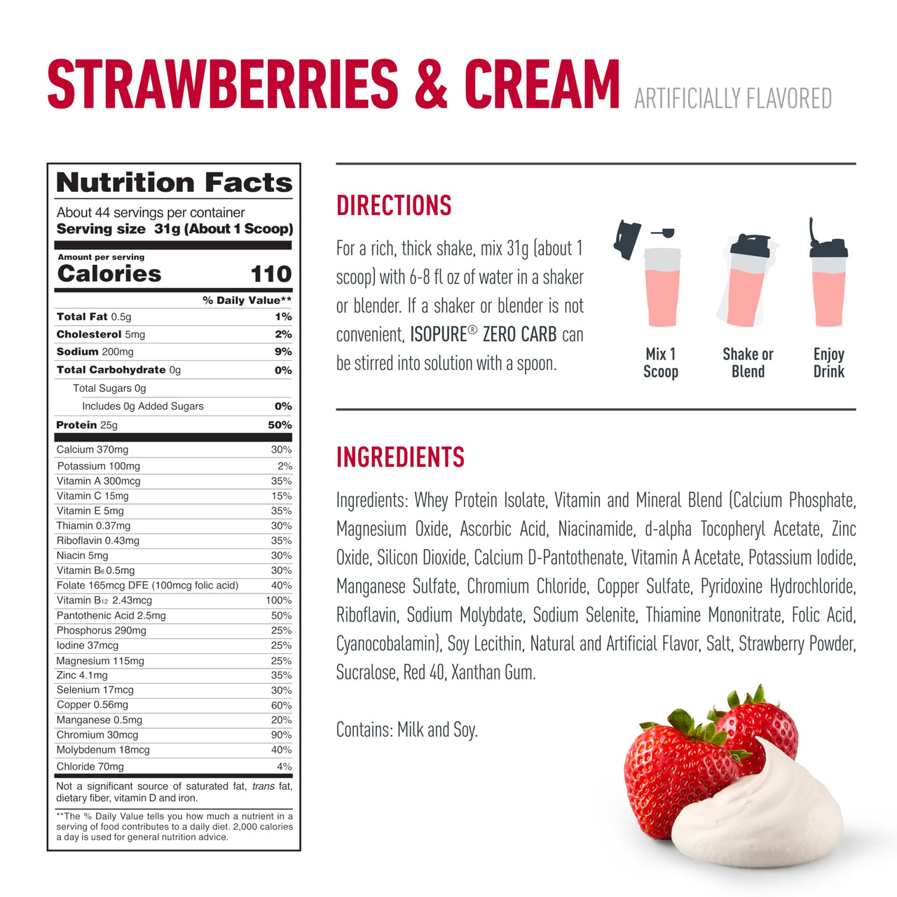 Isopure Zero Carb 100% Pure Whey Isolate Protein Powder, Gluten Free, With Vitamins, Strawberries & Cream, 25g Protein Per Serving, 3 Lbs, 44 Servings (Packaging May Vary)