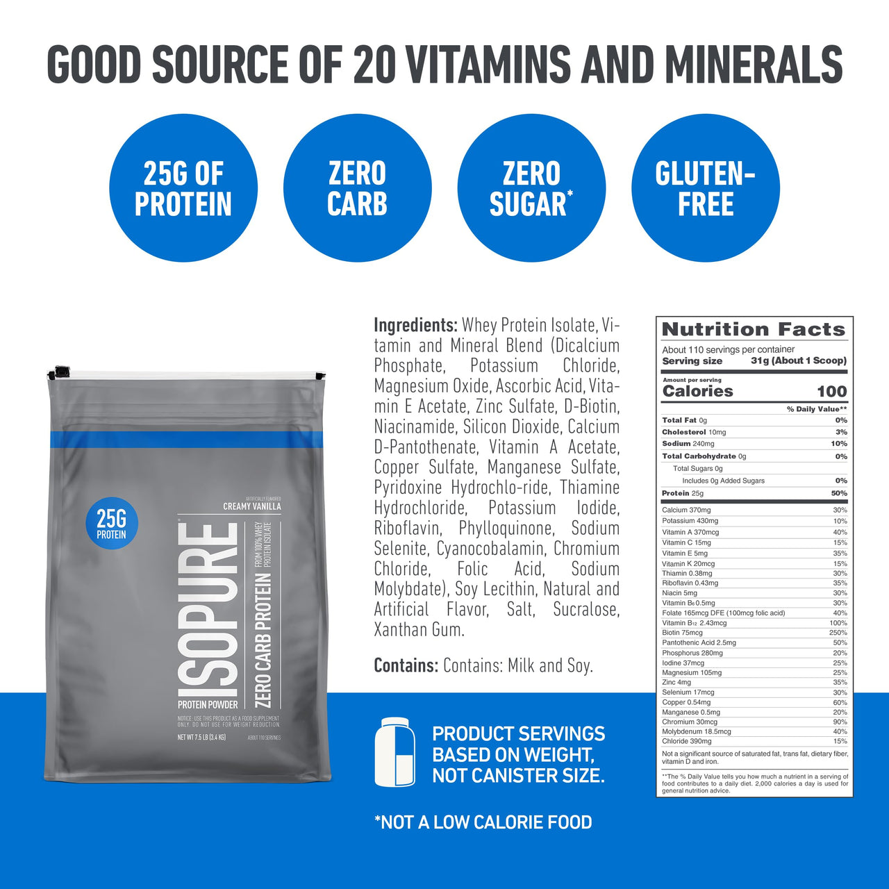Isopure Zero Carb 100% Pure Whey Isolate Protein Powder, Gluten Free, With Vitamins, Creamy Vanilla, 25g Protein Per Serving, 7.5 Lbs, 110 Servings (Packaging May Vary)