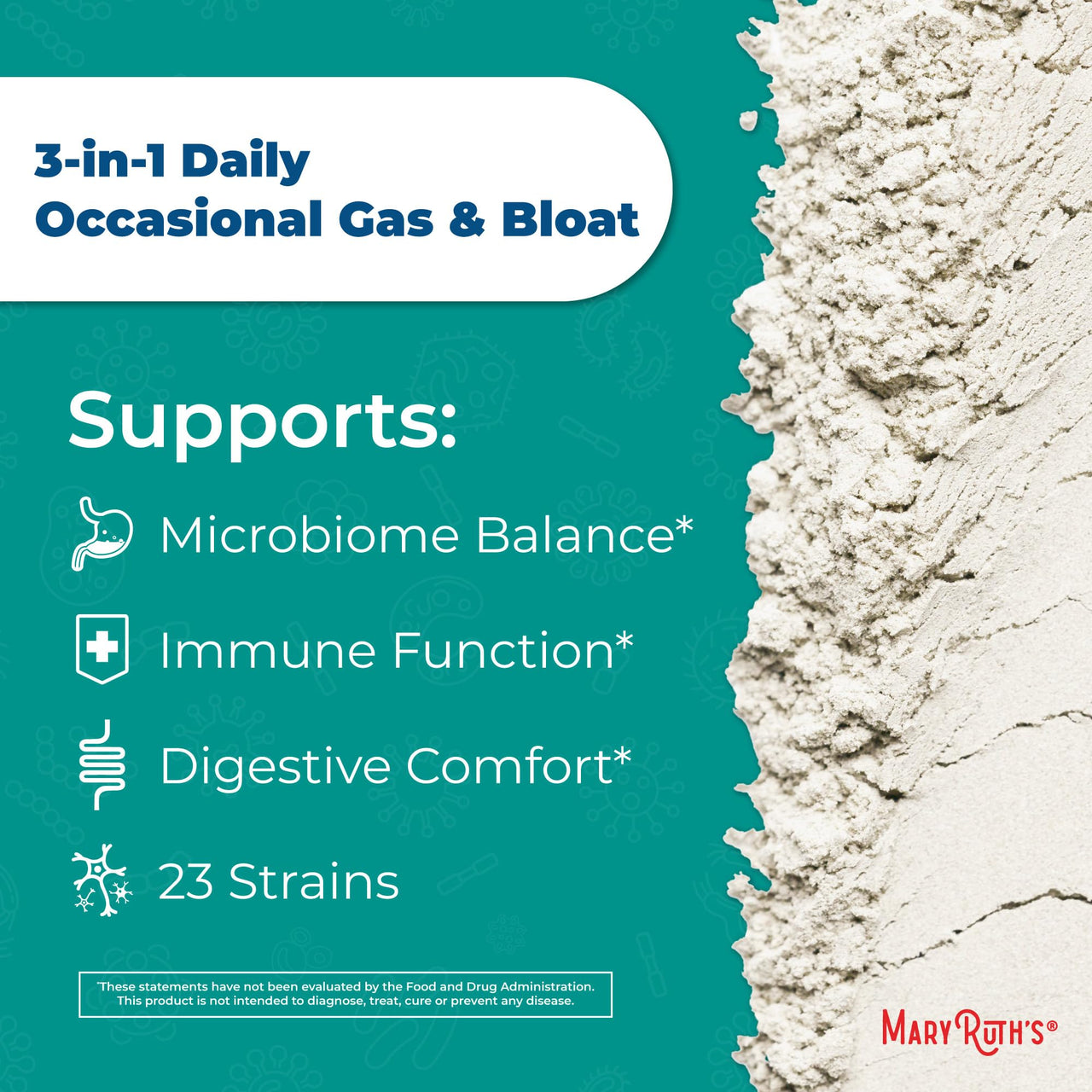 MARYRUTH'S 3-in-1 Gas & Bloat Probiotic Powder | Probiotics for Normal Digestive Function | Probiotics for Women & Men | Prebiotics & Postbiotics | 60 Billion CFU | 23 Unique Strains | 0.5 oz