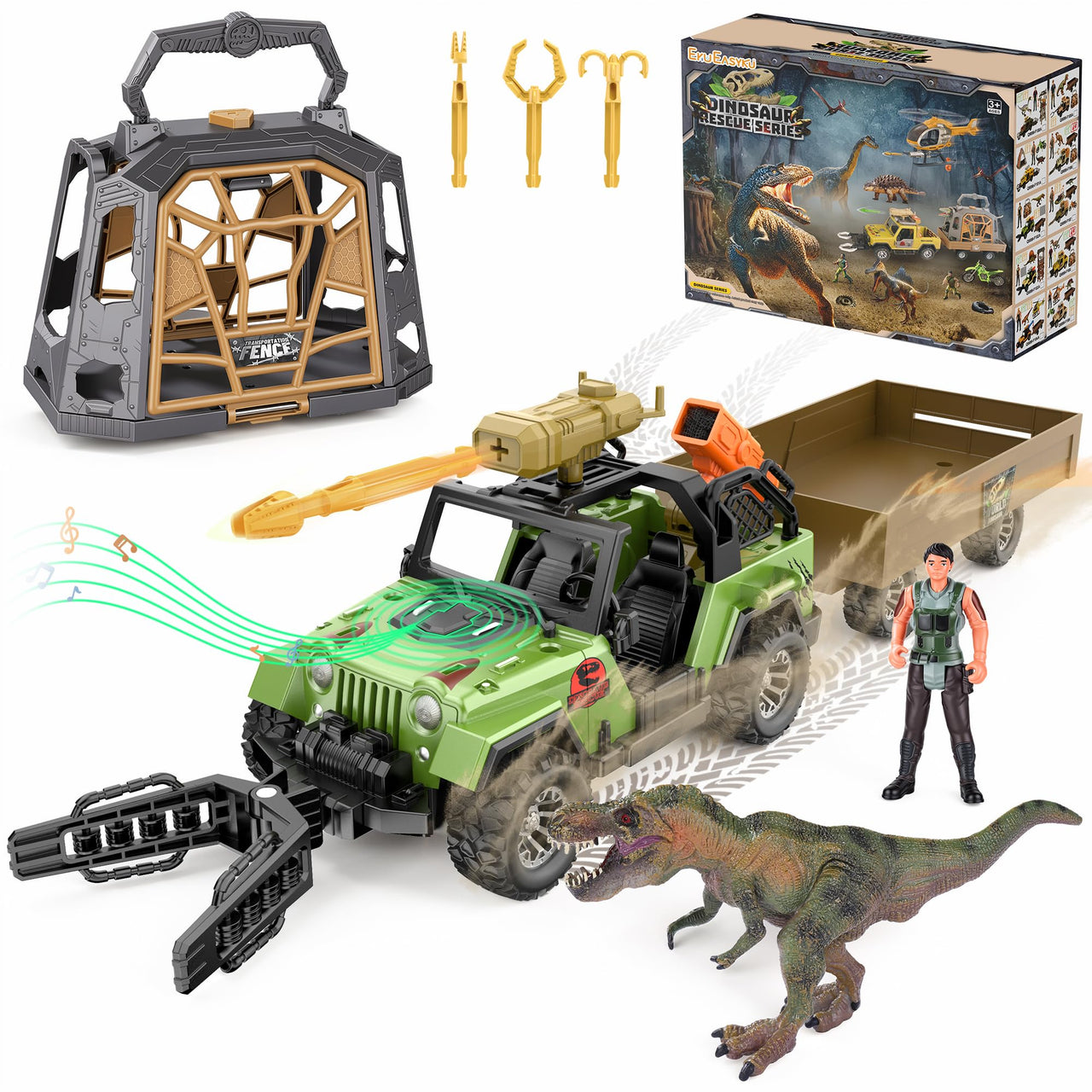 EKU Dinosaur Toys Truck with 10 Sounds, Transport Trailer, Capture Clamp and Net, 15ft Launch, Cage, T Rex, Human, Christmas Birthday Gifts for Jurassic World Adventure Dino Rescue Kids 3+