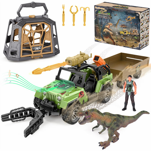 EKU Dinosaur Toys Truck with 10 Sounds, Transport Trailer, Capture Clamp and Net, 15ft Launch, Cage, T Rex, Human, Christmas Birthday Gifts for Jurassic World Adventure Dino Rescue Kids 3+