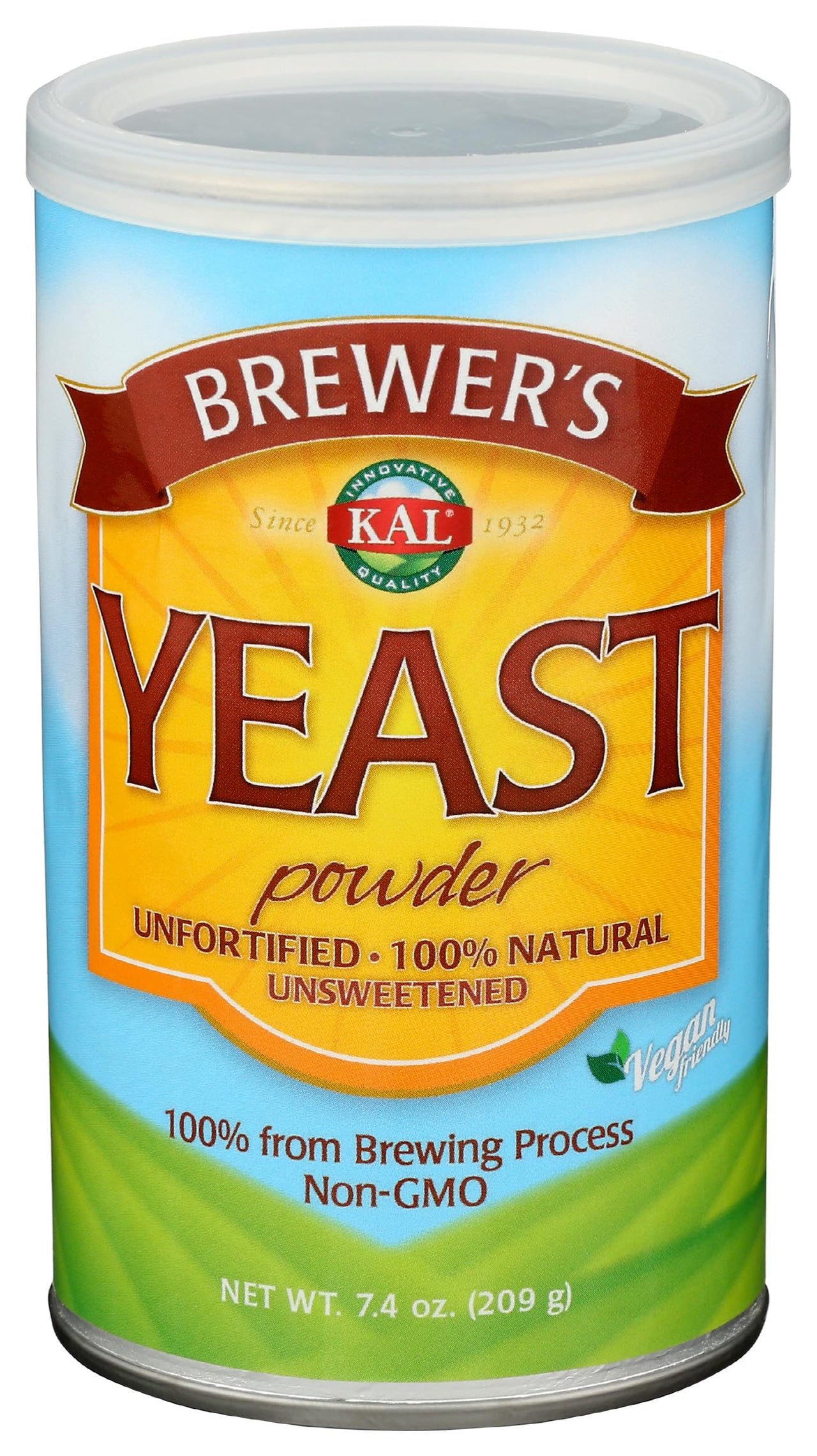 KAL Brewers Yeast Powder, Unfortified, Unsweetened Super Food, 100% Natural Source of Protein, B Complex Vitamins, Amino Acids - Vegan, Preservative Free, Made Without Soy - Approx. 18 Servings, 7.4oz