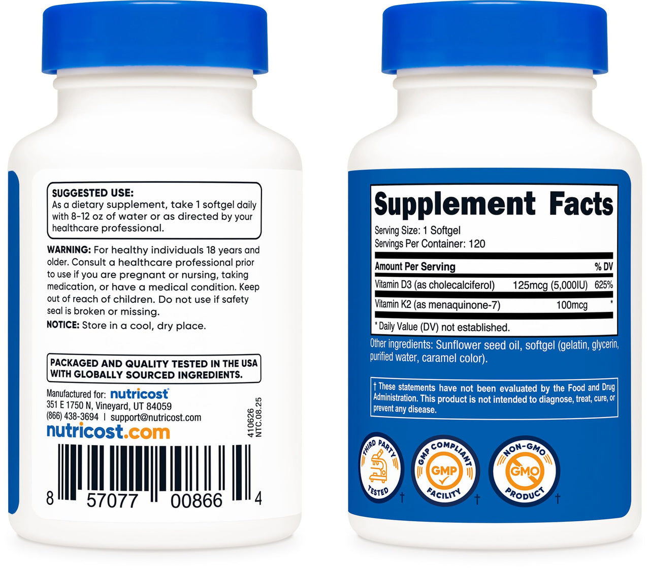 Nutricost Vitamin D3 + K2 (5000 IU D3 / 100mcg MK7), 120 Softgels – Gluten-Free & Non-GMO