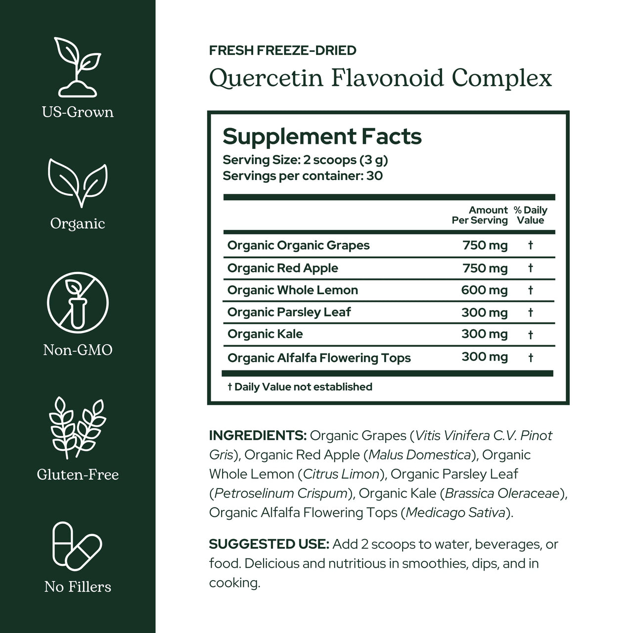 Eclectic Institute Raw Fresh Freeze-Dried Quercetin Flavonoid Complex, Whole Food Powder | 3.2 oz (90 g)