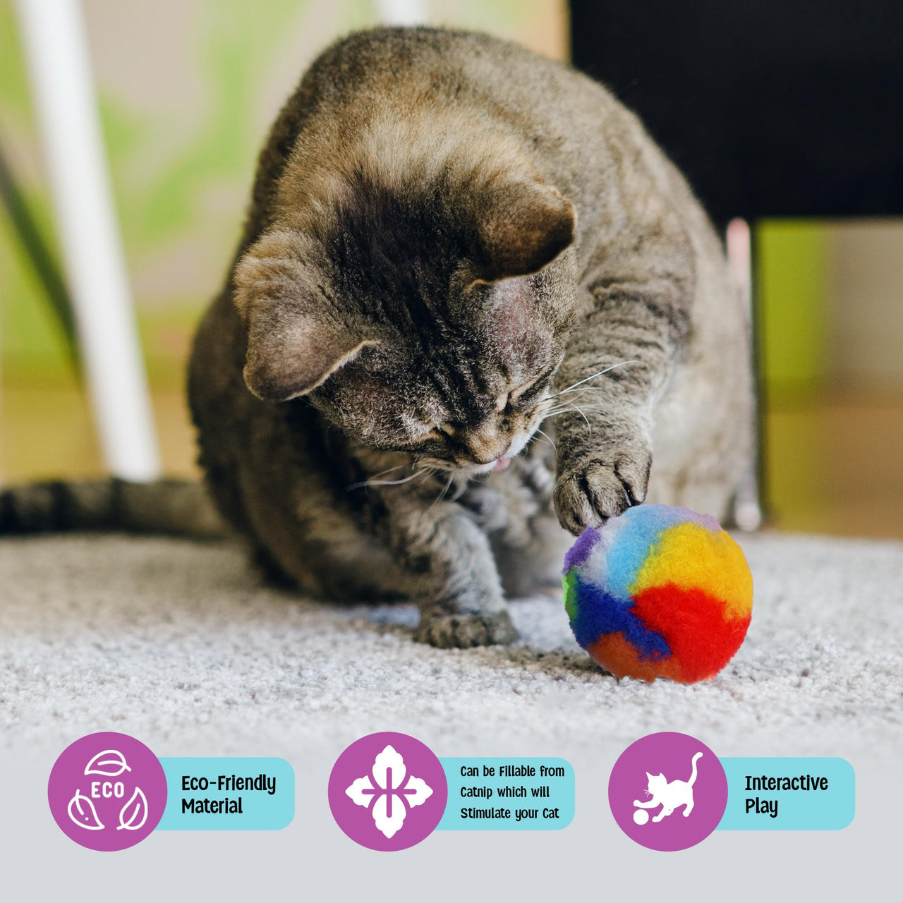 SPOT Kitty Yarn Puffs Cat Toy -Woolen Yarn Balls Cat Toys with Catnip for Cats and Kittens to Bite, Swat, and Chase, Interactive Cat Toy, 4 Pieces
